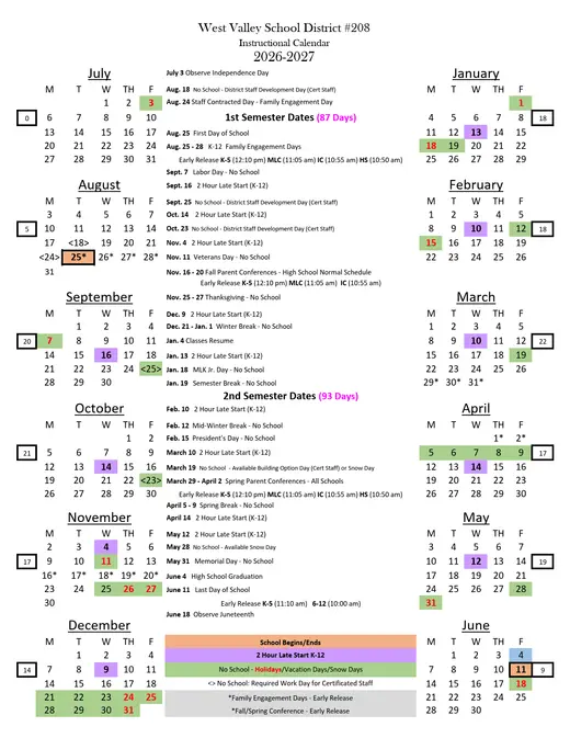 West Valley School District #208 2026–2027 Academic Calendar Page 1