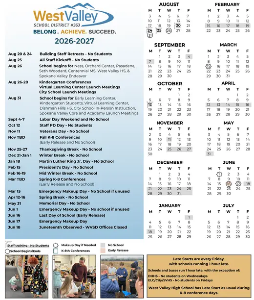 West Valley School District #363 2026–2027 Academic Calendar Page 1