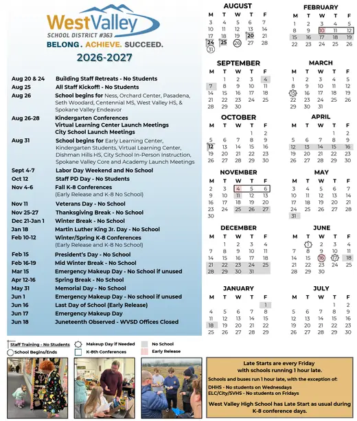 West Valley School District #363 2026–2027 Academic Calendar Page 2