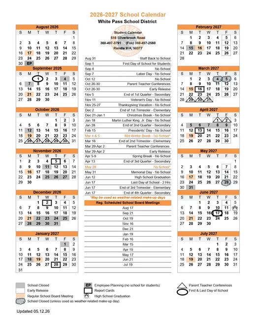 White Pass School District 2026–2027 Academic Calendar