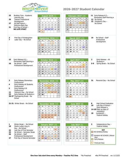 White River School District 2026–2027 Academic Calendar