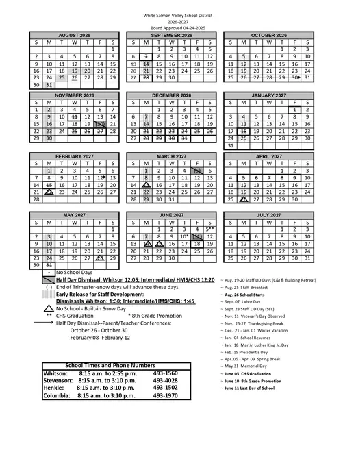 White Salmon Valley School District 2026–2027 Academic Calendar