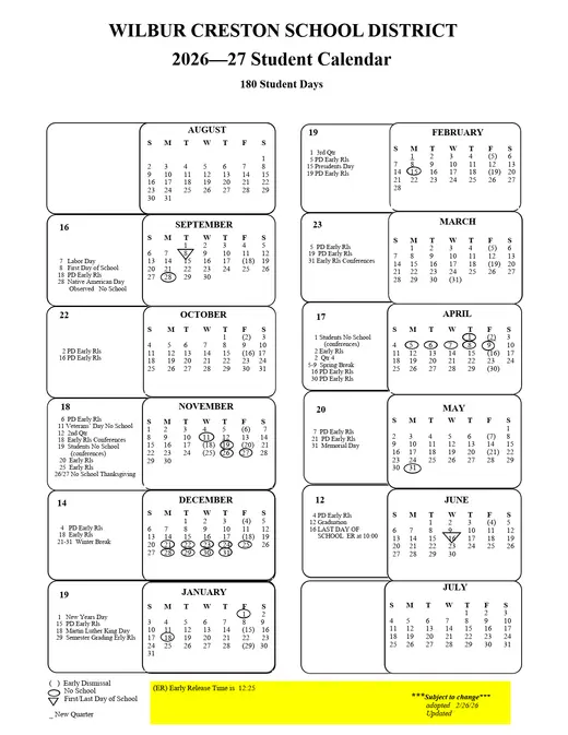 Wilbur Creston School District 2026–2027 Academic Calendar Page 1