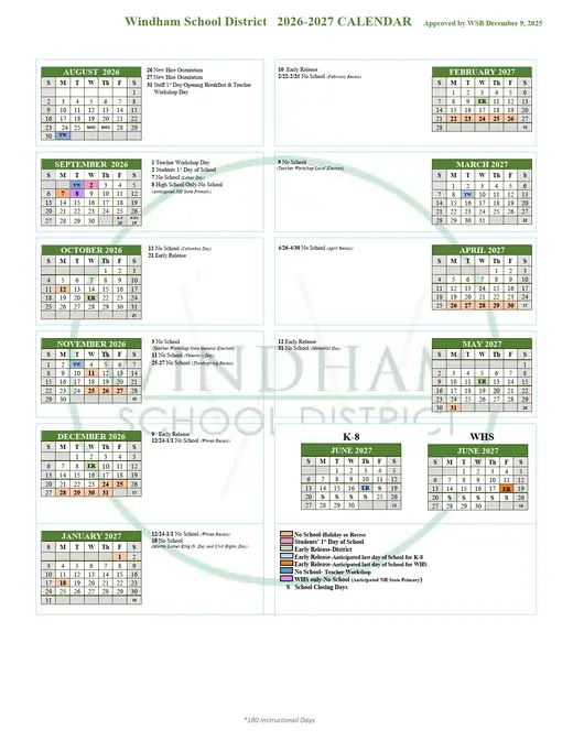 Windham School District 2026–2027 Academic Calendar Page 1
