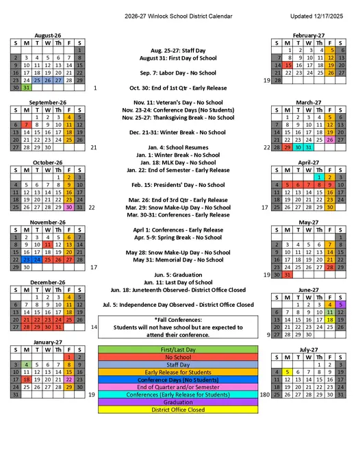 Winlock School District 2026–2027 Academic Calendar