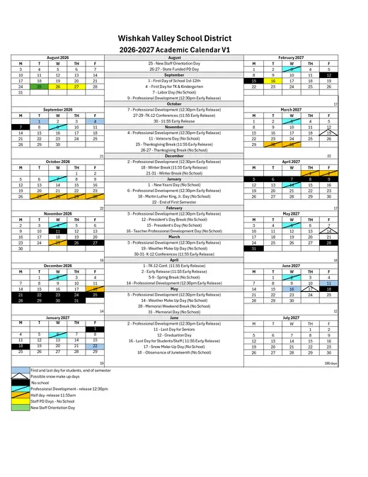 Wishkah Valley School District 2026–2027 Academic Calendar Page 1