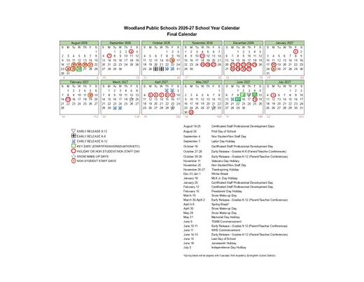 Woodland Public Schools 2026–2027 Academic Calendar