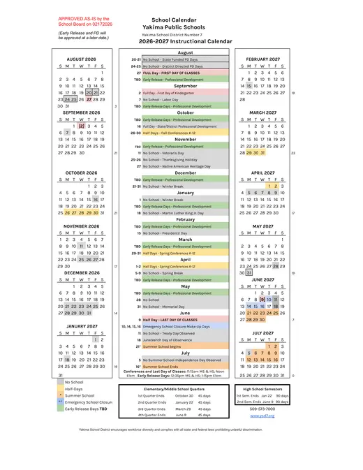 Yakima Public Schools 2026–2027 Academic Calendar Page 1