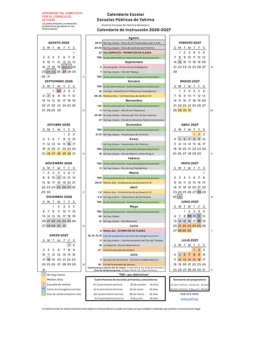 Yakima Public Schools 2026–2027 Academic Calendar Page 2