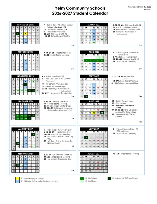 Yelm Community Schools 2026–2027 Academic Calendar