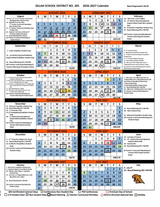 Zillah School District No. 205 2026–2027 Academic Calendar Page 1
