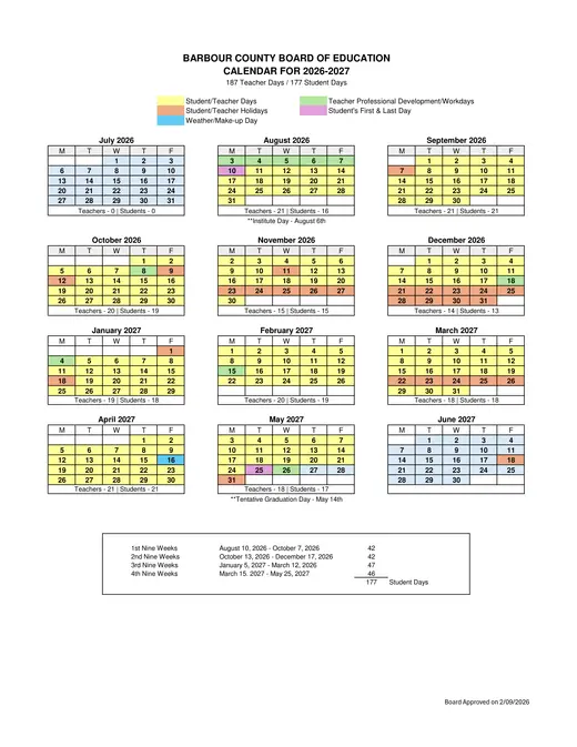 Barbour County Board of Education 2026–2027 Academic Calendar