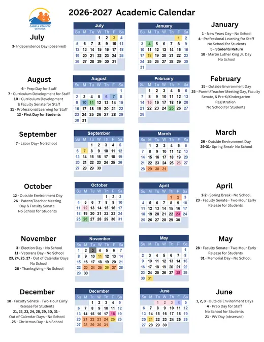 Cabell County Schools 2026–2027 Academic Calendar Page 1