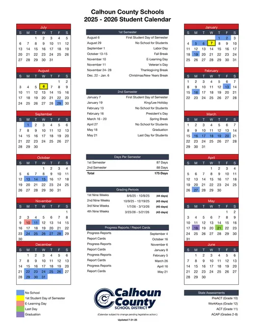 Calhoun County Schools 2025–2026 Academic Calendar