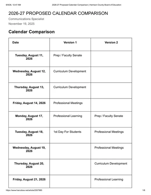 Harrison County Board of Education 2026–2027 Academic Calendar Page 1