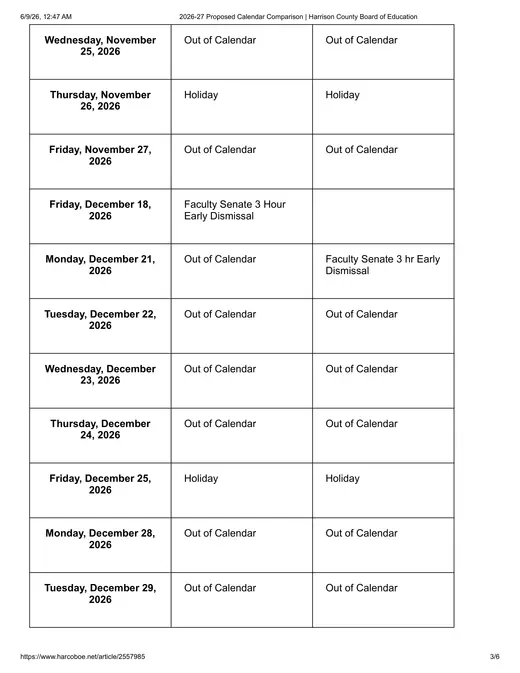 Harrison County Board of Education 2026–2027 Academic Calendar Page 3
