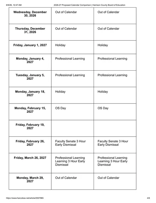 Harrison County Board of Education 2026–2027 Academic Calendar Page 4