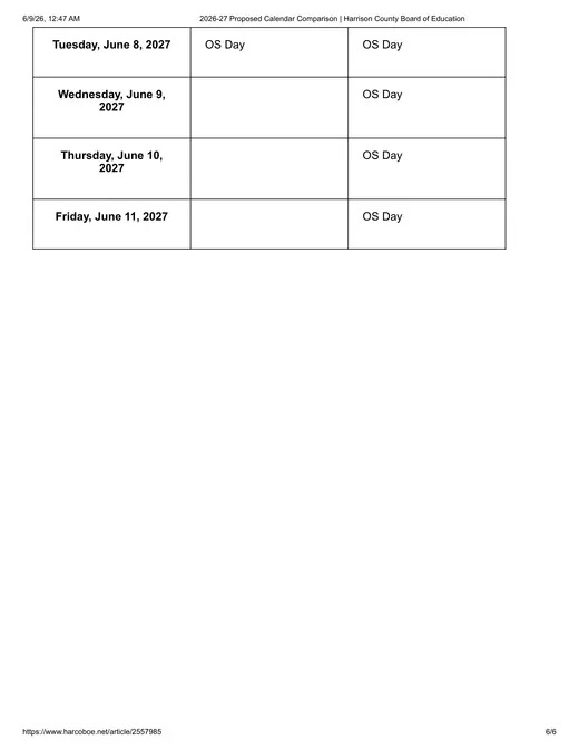 Harrison County Board of Education 2026–2027 Academic Calendar Page 6