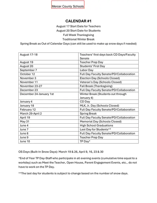 Mercer County Schools 2020–2021 Academic Calendar