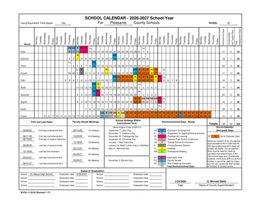 Pleasants County Schools 2026–2027 Academic Calendar