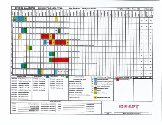 Putnam County Schools 2026–2027 Academic Calendar