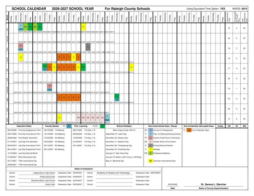 Raleigh County Schools 2026–2027 Academic Calendar Page 1