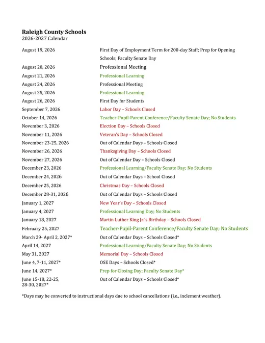 Raleigh County Schools 2026–2027 Academic Calendar Page 2
