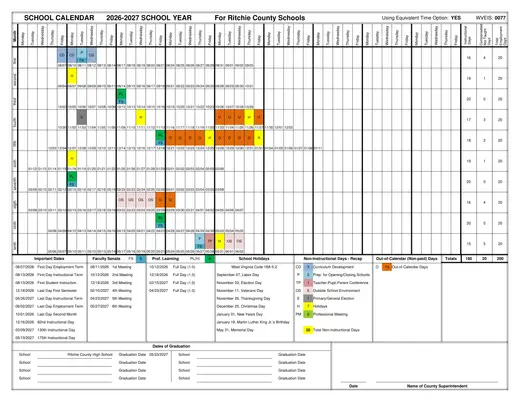 Ritchie County Schools 2026–2027 Academic Calendar