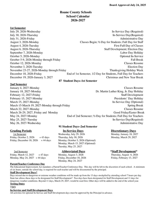 Roane County Schools 2026–2027 Academic Calendar Page 1