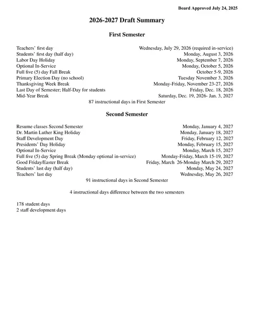 Roane County Schools 2026–2027 Academic Calendar Page 2