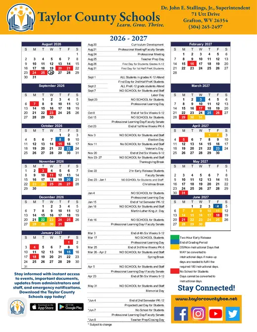 Taylor County Schools 2026–2027 Academic Calendar
