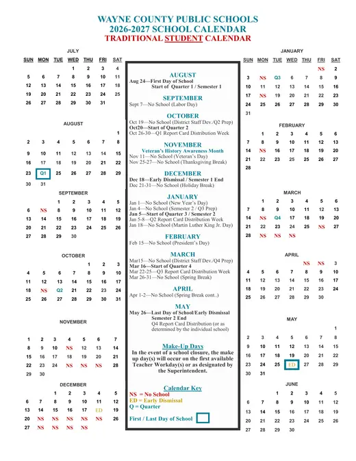 Wayne County Public Schools 2026–2027 Academic Calendar