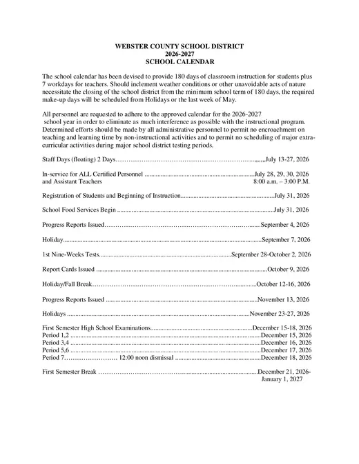Webster County School District 2026–2027 Academic Calendar Page 1