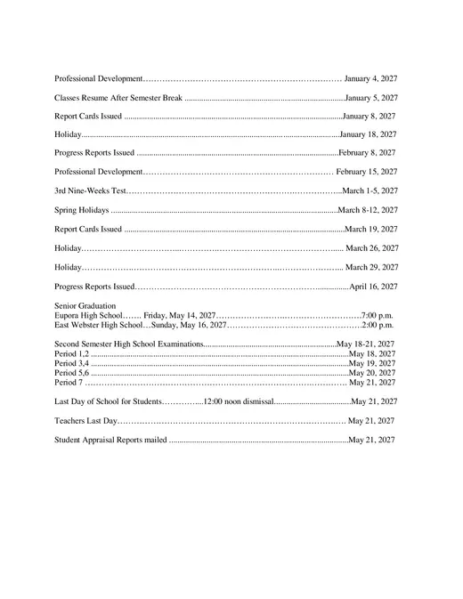 Webster County School District 2026–2027 Academic Calendar Page 2