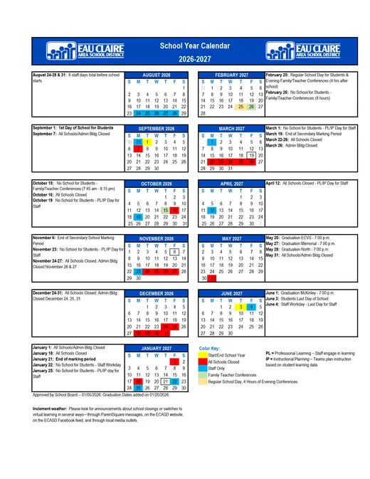 Eau Claire Area School District 2026–2027 Academic Calendar Page 1